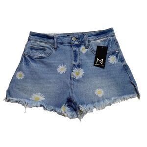 Material Girl Bohemian Daisy Denim Raw Hem Shorts Festival Blue Sz 7 NWT